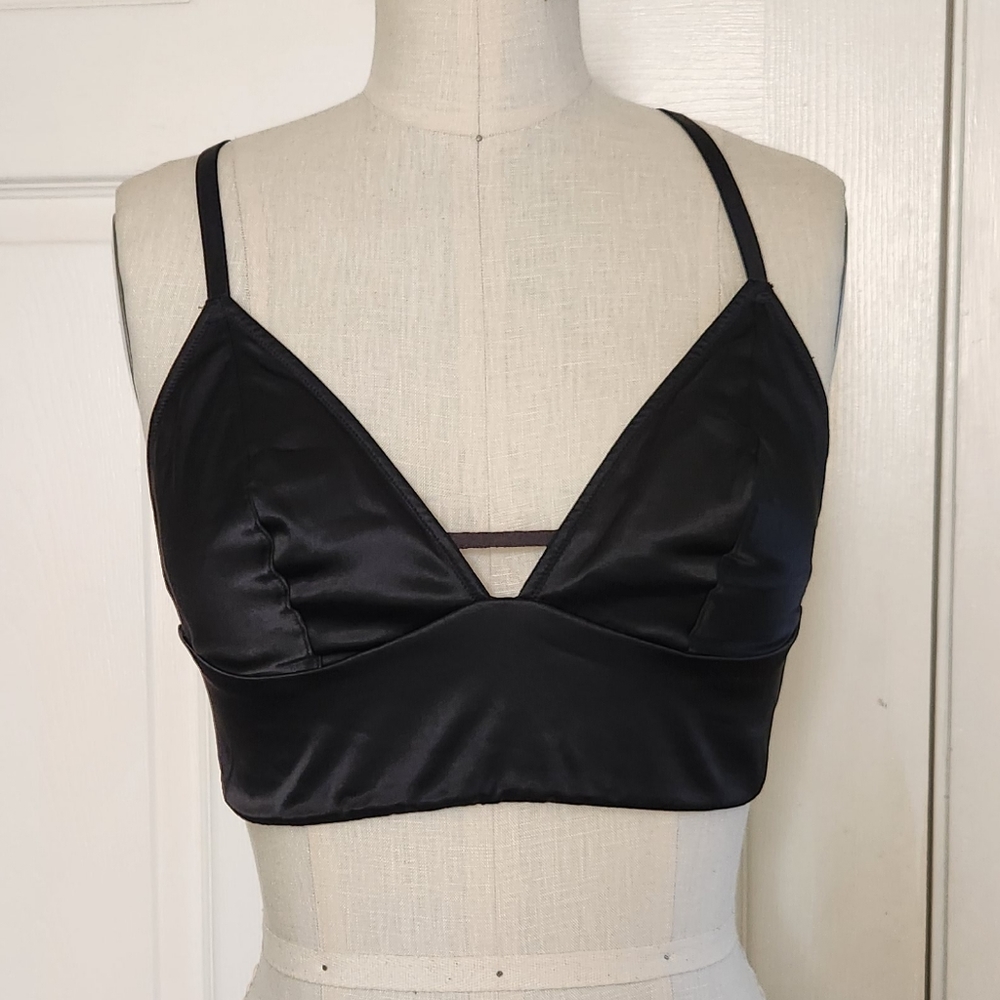 Victoria's Secret Black Satin Longline Bralette with Lace detail